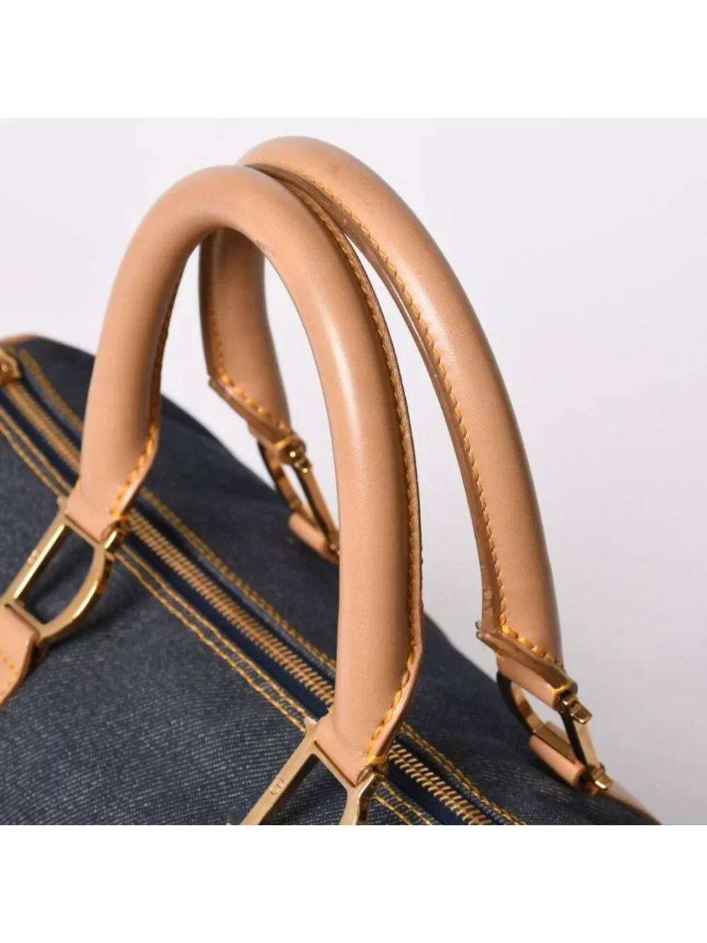 Dior Trotter Handbag Denim 35 Boston Gold